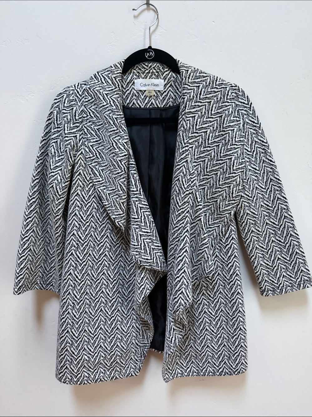 Calvin Klein Black & White Chevron Draped Open Front Blazer